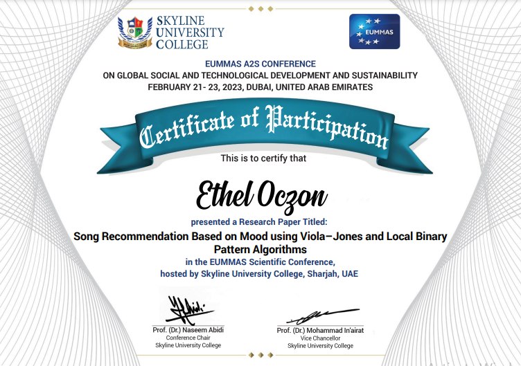 In recognition of her dedication and hard work, Ramon Magsaysay Memorial Colleges' CET College Dean, Ms. Ethel L. Oczon, was chosen as one of the presenters with her research title: "Song Recommendation Based on Mood using Viola-Jones and Local Binary Pat