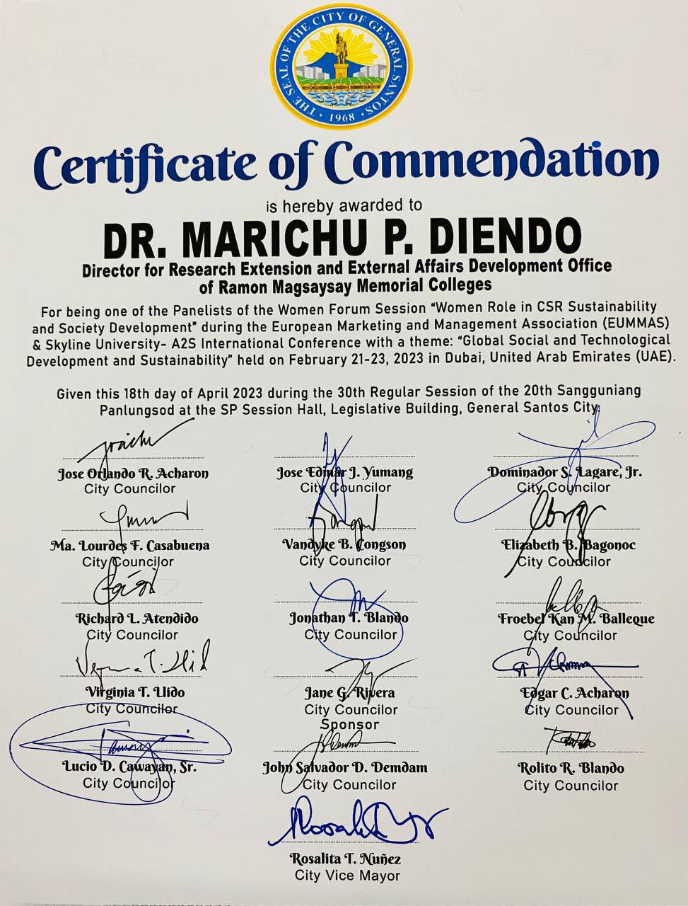 An immense congratulations to Dr. Marichu P. Diendo for receiving an award of commendation from the LGU Gensan for her participation as a Panelist in EUMMAS & Skyline University - A2S International Conference on Global Social and Technological Development