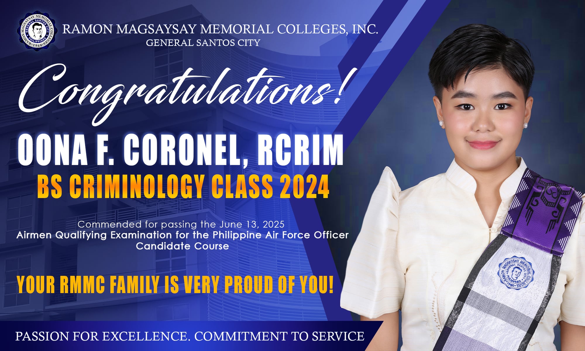 FROM CLASSROOM TO FIELD: RMMC’S OONA CORONEL PASSES 2025 PAF OFFICER CANDIDATE EXAM!