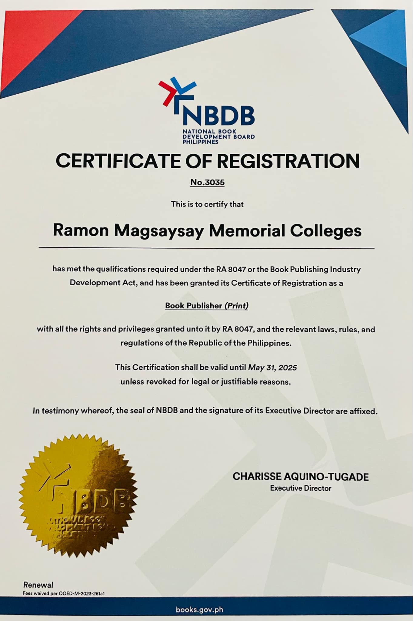 NBDB Renews RMMC's Publisher Certification