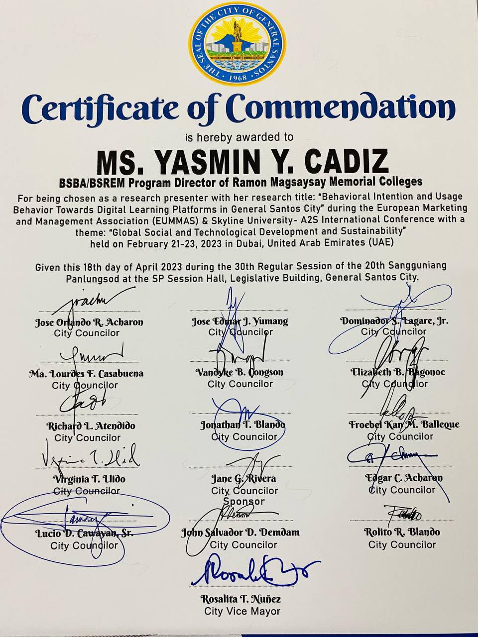 Your hard work and perseverance have paid off! Warmest congratulations to Arvin T. Galigao, a BSBA Faculty Member, and Ms. Yasmin Y. Cadiz, a BSBA/BSREM Program Director of RMMC, for being selected as research presenters with their study: "The Behavioral 
